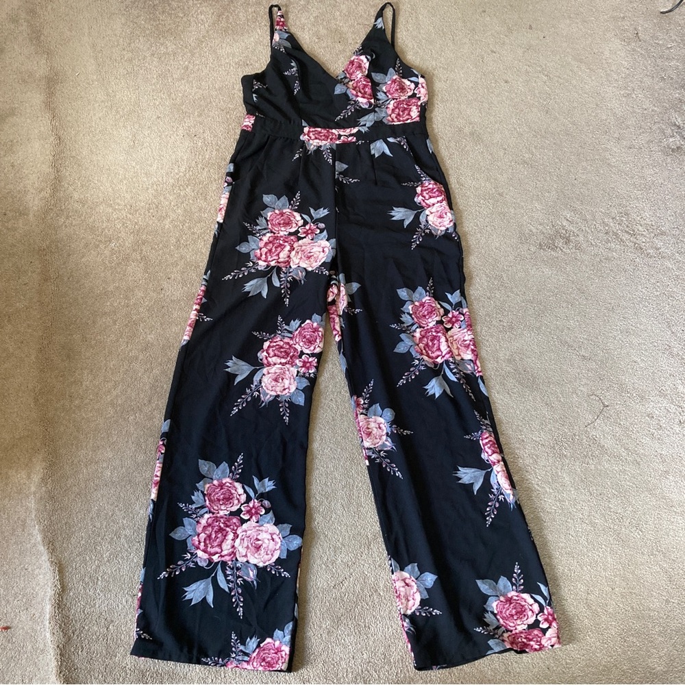 black floral flare leg jumpsuit